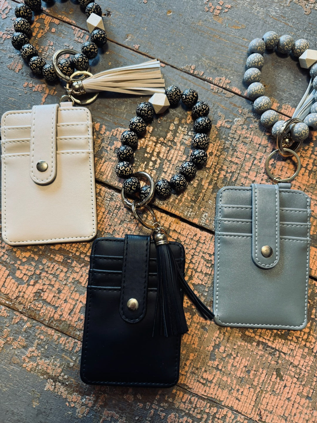 BEADED KEY RING WALLET BLACK/CREAM