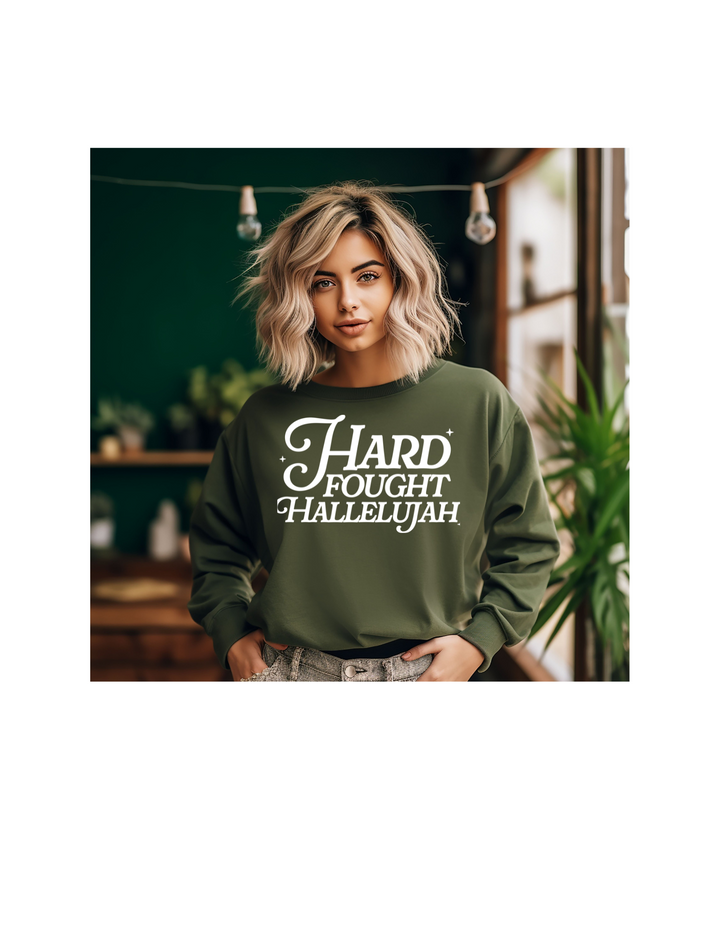 HARD FOUGHT HALLELUJAH WHITE FONT CREWNECK/TEE PRE-ORDER