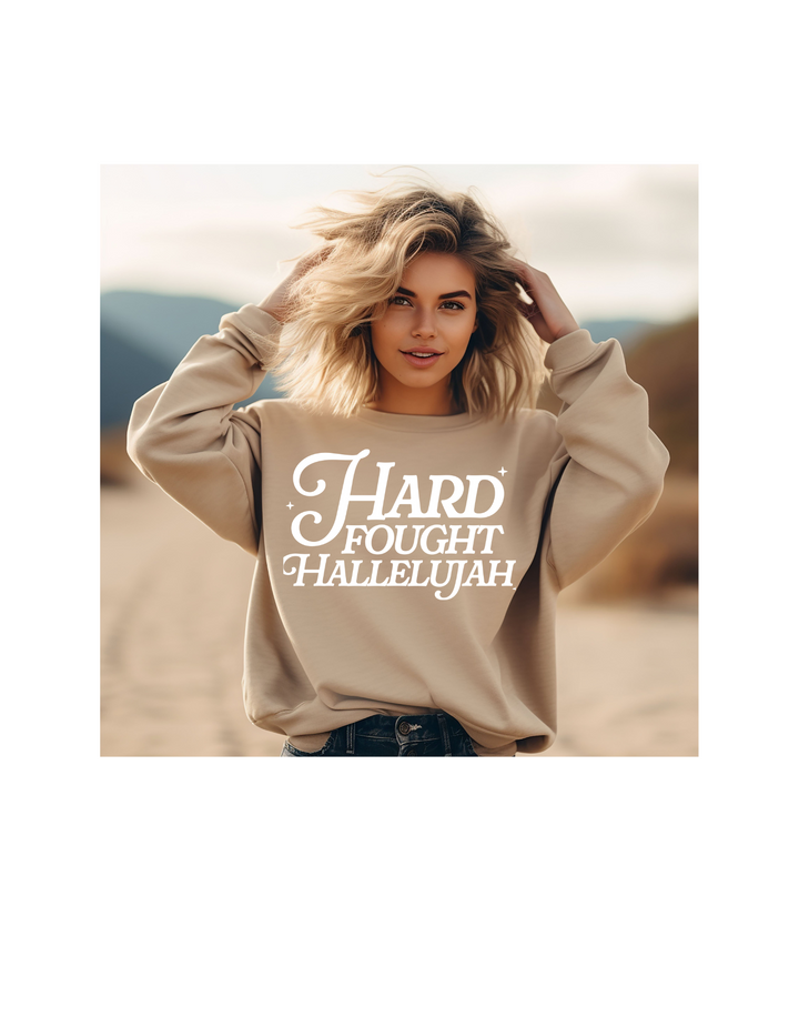 HARD FOUGHT HALLELUJAH WHITE FONT CREWNECK/TEE PRE-ORDER