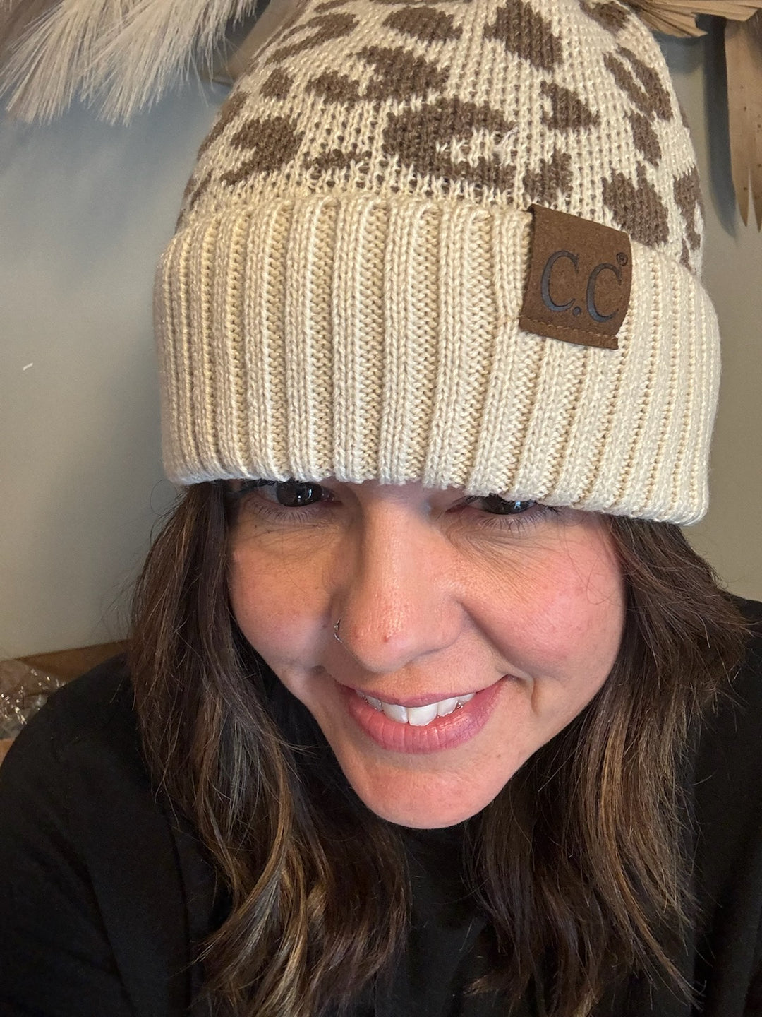 LEOPARD FUR POM BEANIE TAUPE