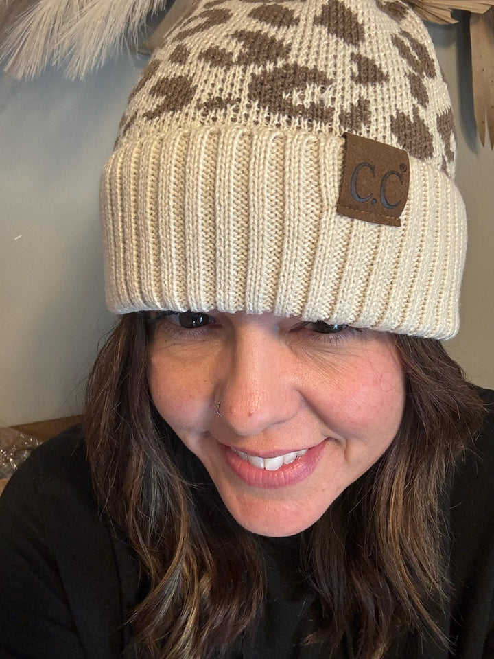 LEOPARD FUR POM BEANIE TAUPE