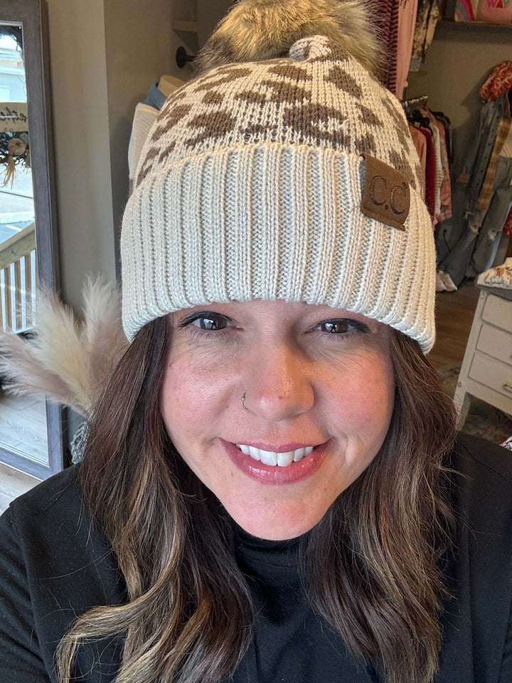 LEOPARD FUR POM BEANIE TAUPE