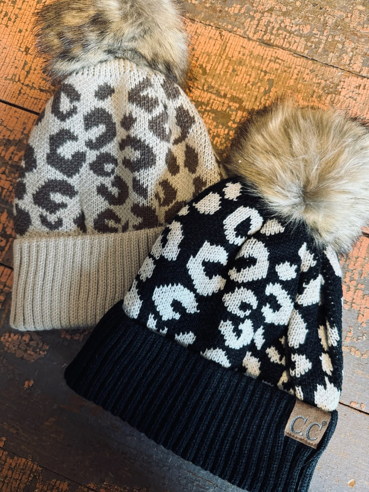 LEOPARD FUR POM BEANIE BLACK